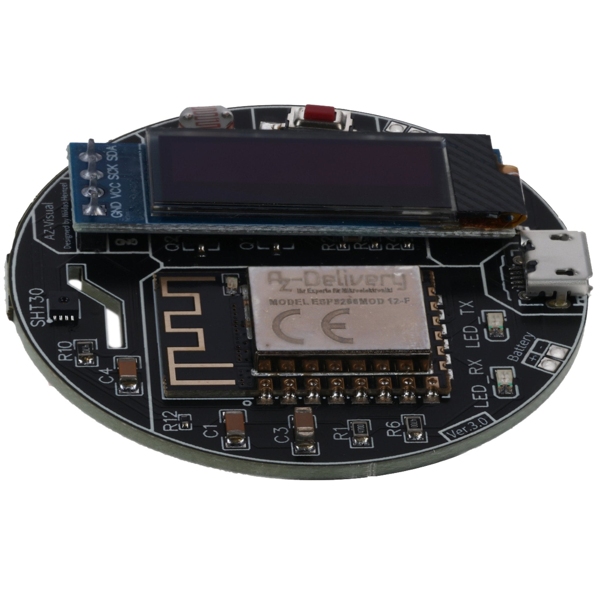 AZ - Visual – ESP8266 - 12F Entwicklungsboard mit Temperatur - , Luftfeuchtigkeits - und Umgebungslichtsensor (SHT30 und LDR) + OLED - Display 0.91“ - AZ - Delivery