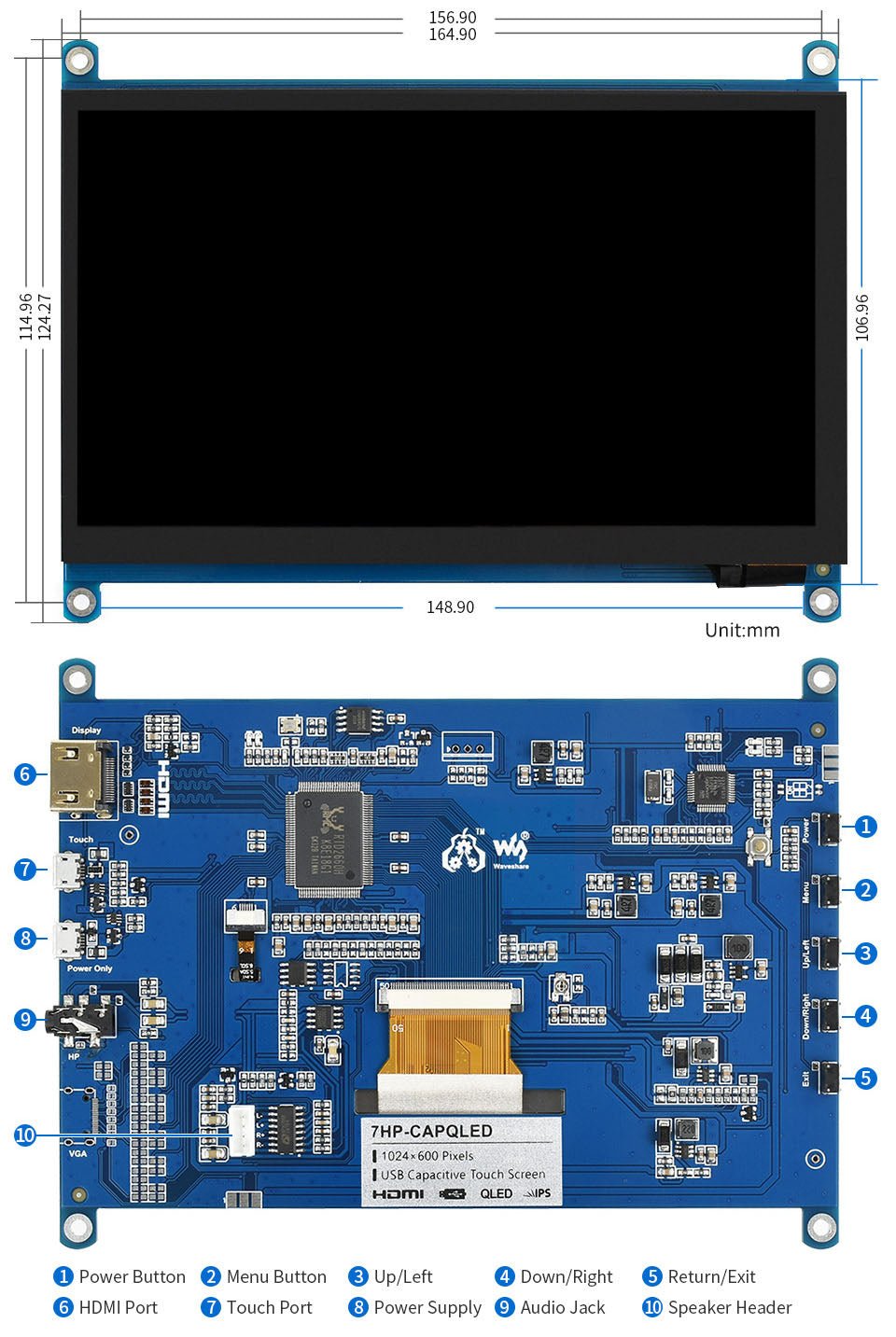 Waveshare - 7" QLED HDMI USB Touchdisplay - AZ - Delivery